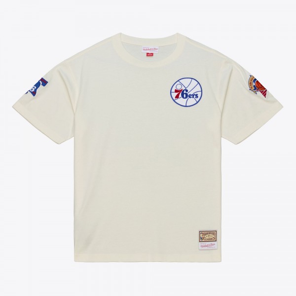 Philadelphia 76ers Mitchell & Ness Cream Hardwood Classics Chainstitch Premium T-Shirt