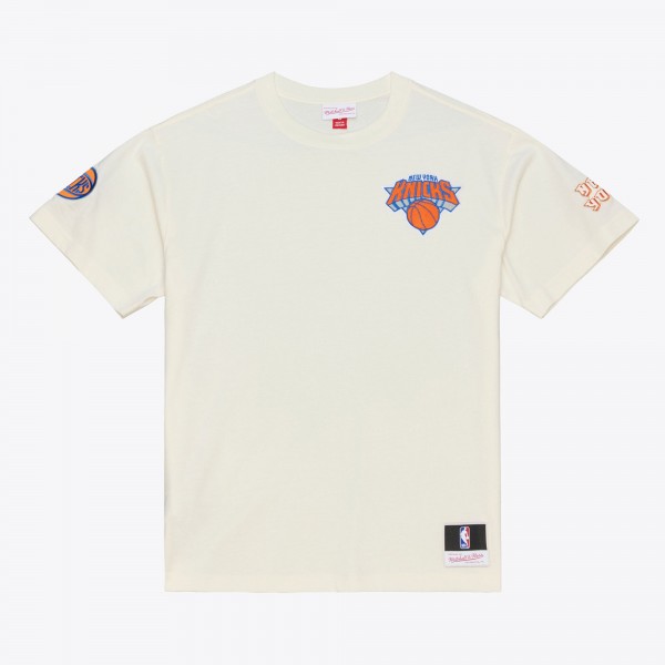 New York Knicks Mitchell & Ness Cream Hardwood Classics Chainstitch Premium T-Shirt