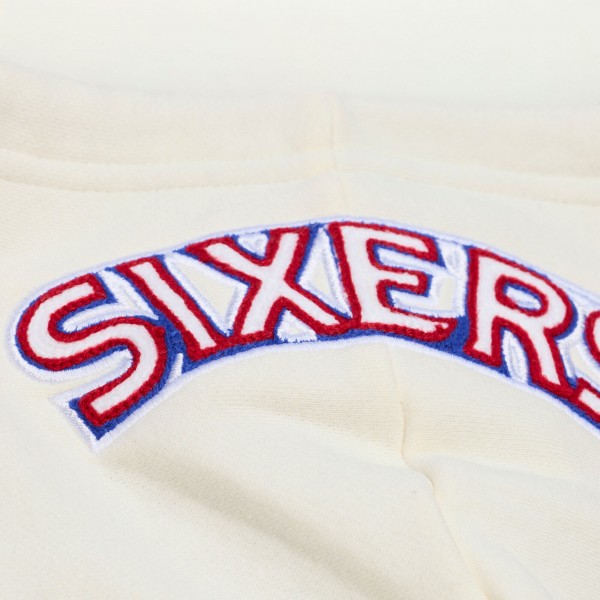 Philadelphia 76ers Mitchell & Ness Cream Hardwood Classics Chainstitch Premium Fleece Hoodie
