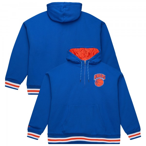 New York Knicks Mitchell & Ness Blue Throw It Back Quilted Fleece Quarter-Zip Hoodie