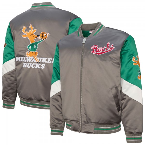 Milwaukee Bucks Mitchell & Ness Gray Throw It Back Heavyweight Full-Zip Satin Jacket