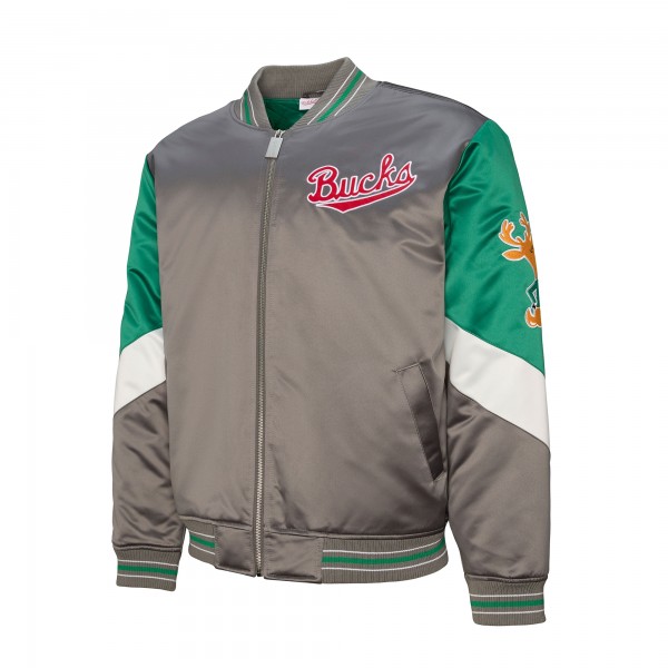 Milwaukee Bucks Mitchell & Ness Gray Throw It Back Heavyweight Full-Zip Satin Jacket