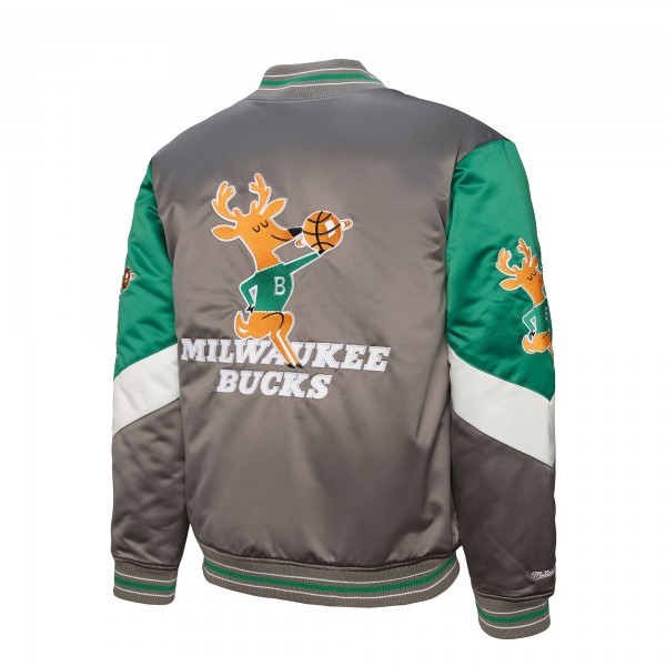 Milwaukee Bucks Mitchell & Ness Gray Throw It Back Heavyweight Full-Zip Satin Jacket
