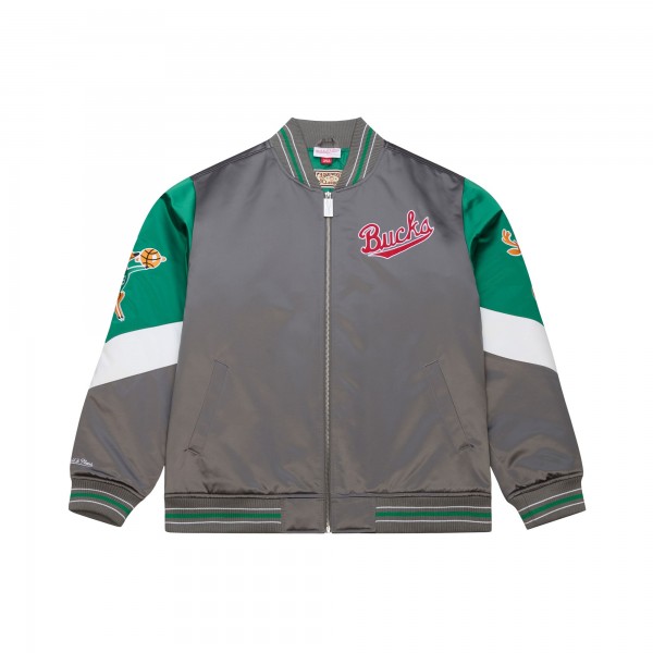 Milwaukee Bucks Mitchell & Ness Gray Throw It Back Heavyweight Full-Zip Satin Jacket