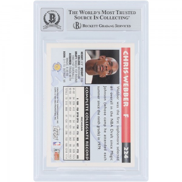 Chris Webber Golden State Warriors Autographed 1993-94 Topps #224 Beckett Fanatics Witnessed Authenticated 10 Rookie Card