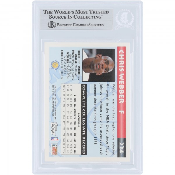 Chris Webber Golden State Warriors Autographed 1993-94 Topps #224 Beckett Fanatics Witnessed Authenticated Rookie Card