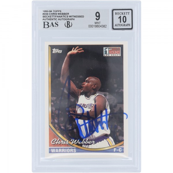 Chris Webber Golden State Warriors Autographed 1993-94 Topps #224 Beckett Fanatics Witnessed Authenticated 9/10 Rookie Card