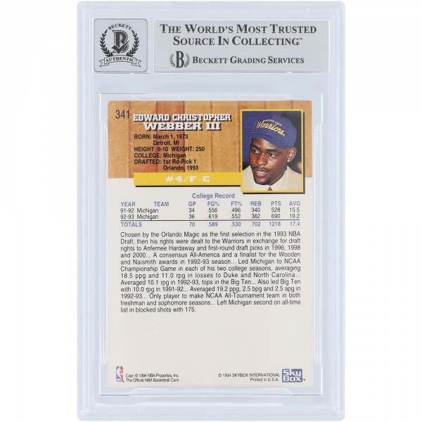 Chris Webber Golden State Warriors Autographed 1993-94 Skybox NBA Hoops Gold Fifth Anniversary #341 Beckett Fanatics Witnessed Authenticated 10 Rookie Card