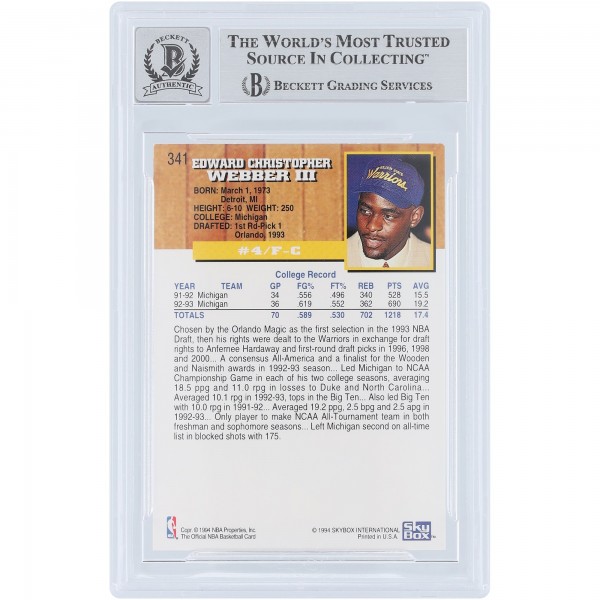 Chris Webber Golden State Warriors Autographed 1993-94 Skybox NBA Hoops #341 Beckett Fanatics Witnessed Authenticated 10 Rookie Card