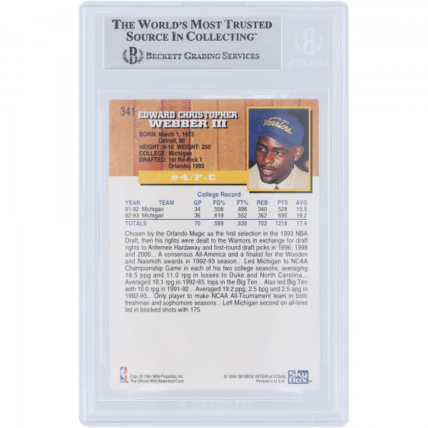 Chris Webber Golden State Warriors Autographed 1993-94 Skybox NBA Hoops #341 Beckett Fanatics Witnessed Authenticated Rookie Card