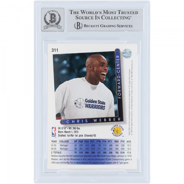Chris Webber Golden State Warriors Autographed 1993-94 Upper Deck #311 Beckett Fanatics Witnessed Authenticated 10 Rookie Card