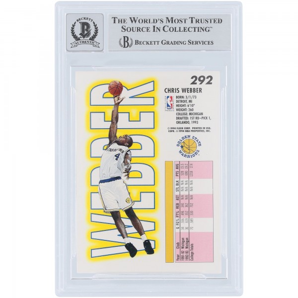 Chris Webber Golden State Warriors Autographed 1993-94 Fleer #292 Beckett Fanatics Witnessed Authenticated 10 Rookie Card