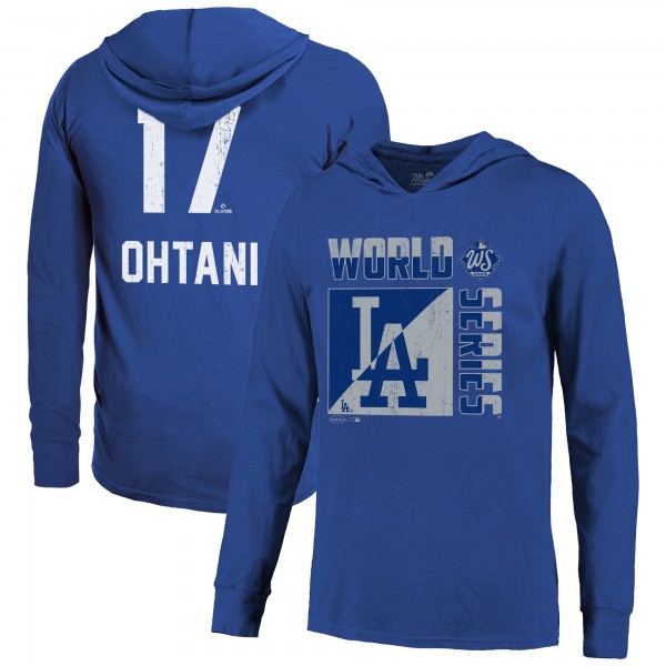 Los Angeles Dodgers Shohei Ohtani Majestic Threads Royal 2025 World Series Name & Number Lightweight Long Sleeve Hooded T-Shirt