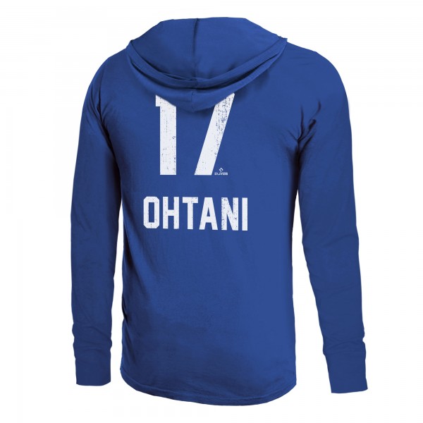 Los Angeles Dodgers Shohei Ohtani Majestic Threads Royal 2025 World Series Name & Number Lightweight Long Sleeve Hooded T-Shirt