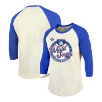 Los Angeles Dodgers Majestic Threads Cream/Royal 2025 World Series Softhand Tri-Blend 3/4 Sleeve Raglan T-Shirt