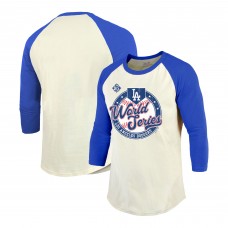 Los Angeles Dodgers Majestic Threads Cream/Royal 2025 World Series Softhand Tri-Blend 3/4 Sleeve Raglan T-Shirt