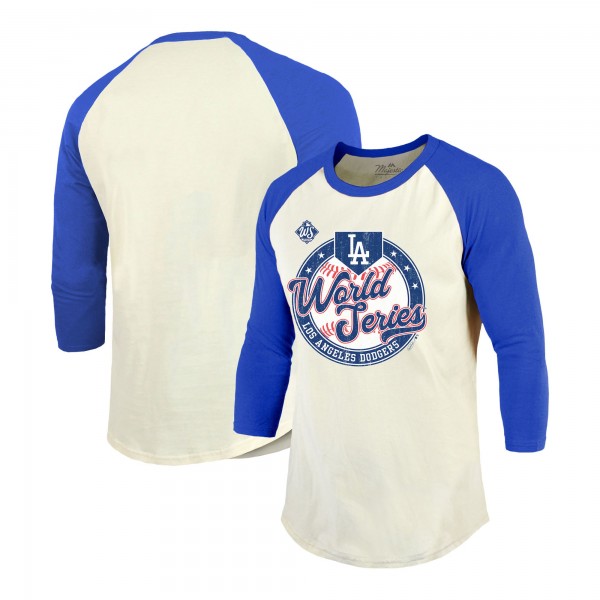 Los Angeles Dodgers Majestic Threads Cream/Royal 2025 World Series Softhand Tri-Blend 3/4 Sleeve Raglan T-Shirt