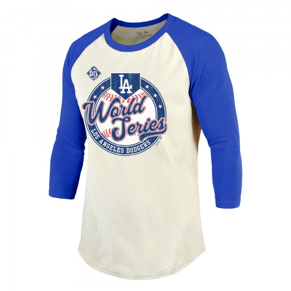 Los Angeles Dodgers Majestic Threads Cream/Royal 2025 World Series Softhand Tri-Blend 3/4 Sleeve Raglan T-Shirt