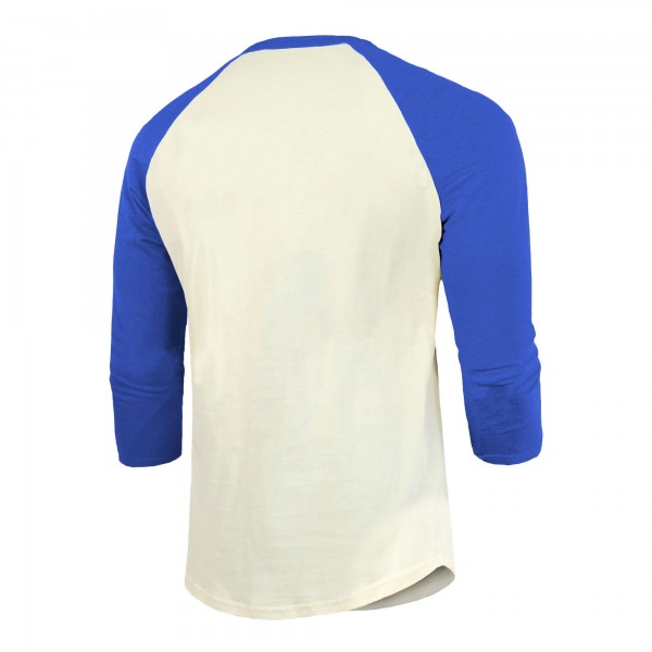 Los Angeles Dodgers Majestic Threads Cream/Royal 2025 World Series Softhand Tri-Blend 3/4 Sleeve Raglan T-Shirt