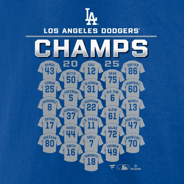 Los Angeles Dodgers Royal 2025 World Series Champions Jersey Roster T-Shirt