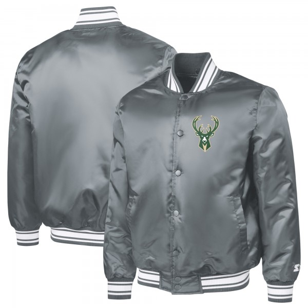 Milwaukee Bucks Starter Gray Printed Team Logo Satin Varsity Full-Snap Jacket