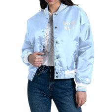 Женская рубашка Charlotte Hornets Starter Light Blue Printed Script Cropped Satin Varsity Jacket