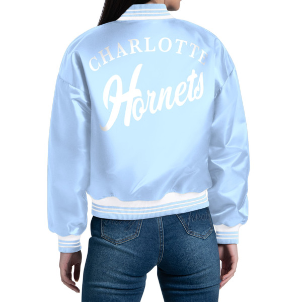 Женская рубашка Charlotte Hornets Starter Light Blue Printed Script Cropped Satin Varsity Jacket