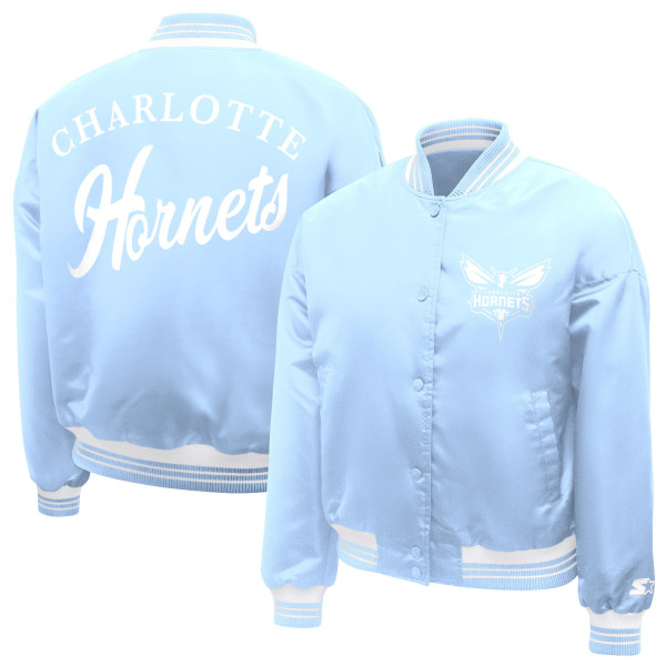Женская рубашка Charlotte Hornets Starter Light Blue Printed Script Cropped Satin Varsity Jacket