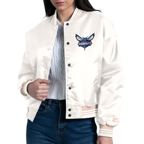 Женская рубашка Charlotte Hornets Starter Cream Printed Logo Cropped Satin Varsity Jacket