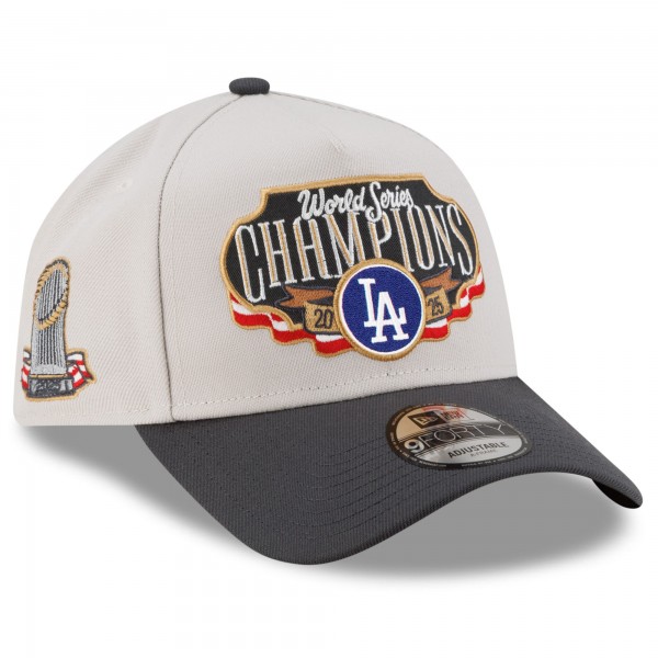Бейсболка Los Angeles Dodgers New Era Cream/Charcoal 2025 World Series Champions Locker Room A-Frame 9FORTY