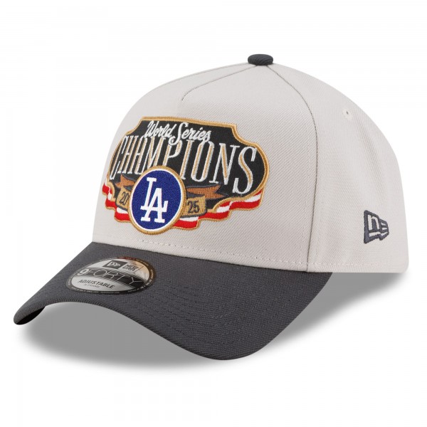 Бейсболка Los Angeles Dodgers New Era Cream/Charcoal 2025 World Series Champions Locker Room A-Frame 9FORTY