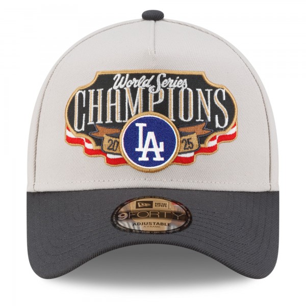 Бейсболка Los Angeles Dodgers New Era Cream/Charcoal 2025 World Series Champions Locker Room A-Frame 9FORTY