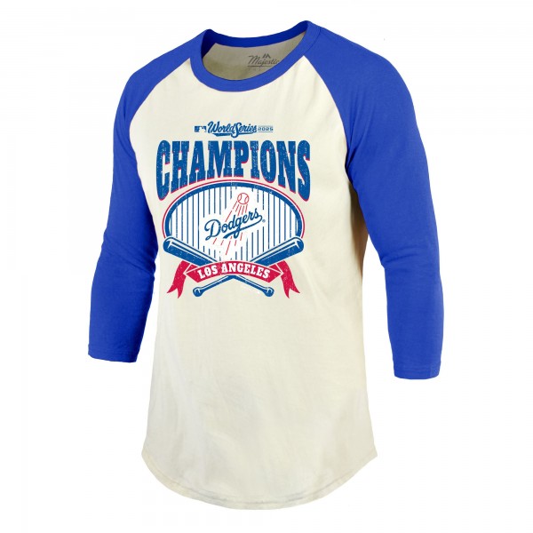 Los Angeles Dodgers Majestic Threads Cream/Royal 2025 World Series Champions Raglan Softhand 3/4-Sleeve T-Shirt