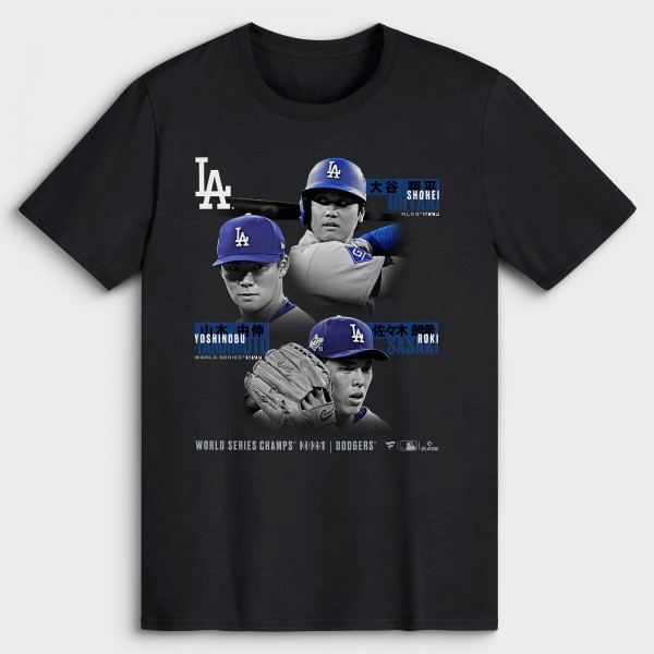 Los Angeles Dodgers Shohei Ohtani, Yoshinobu Yamamoto & Roki Sasaki Black 2025 World Series Champions Historic Performances T-Shirt