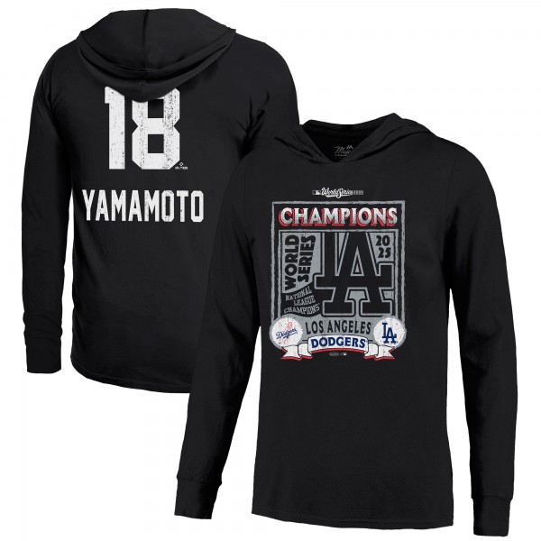 Los Angeles Dodgers Yoshinobu Yamamoto Majestic Threads Black 2025 World Series Champions Lightweight Hoodie
