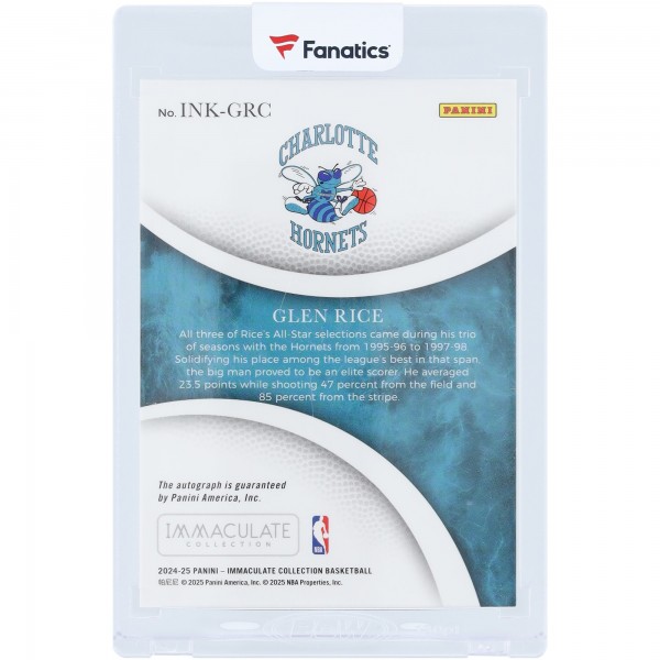 Glen Rice Charlotte Hornets Autographed 2024-25 Panini Immaculate Collection Green Immaculate Ink #INK-GRC #5/5 Card