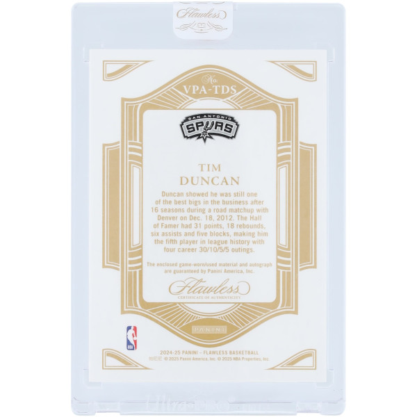 Карточка Tim Duncan San Antonio Spurs Autographed 2024-25 Panini Flawless Dual-Color Game-Used Relic #VPA-TDS #3/15