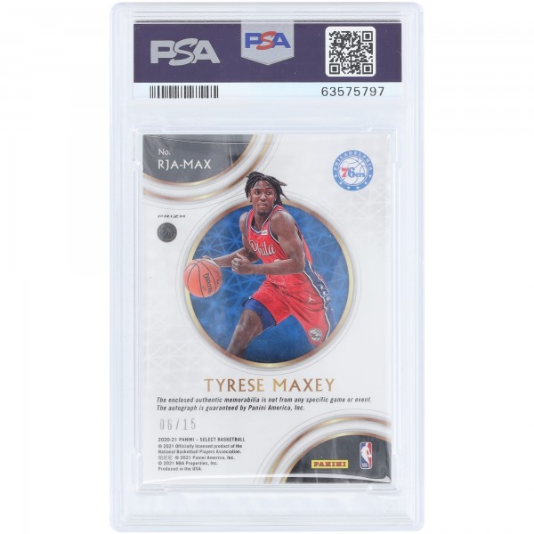 Tyrese Maxey Philadelphia 76ers Autographed 2020-21 Panini Select Purple Pulsar Relic #RJA-MAX #6/15 PSA Authenticated 9/10 Rookie Card