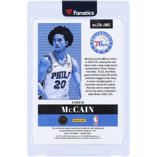 Jared McCain Philadelphia 76ers Autographed 2024-25 Panini Eminence Game Used Laundry Tag Relic #LTA-JMC #1/2 Rookie Card