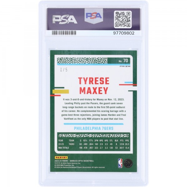 Tyrese Maxey Philadelphia 76ers 2023-24 Panini Donruss Optic Green Prizm #70 #1/5 PSA Authenticated 8.5 Card