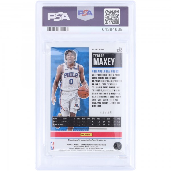 Tyrese Maxey Philadelphia 76ers Autographed 2020-21 Panini Contenders Optic Blue Prizm Rookie Ticket #120 #43/99 PSA Authenticated 10 Rookie Card