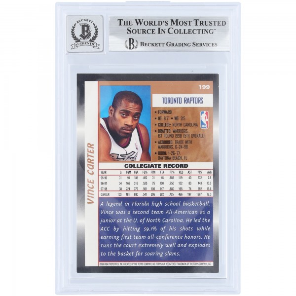Vince Carter Toronto Raptors Autographed 1998-99 Topps #199 Beckett Fanatics Witnessed Authenticated 9/10 Rookie Card