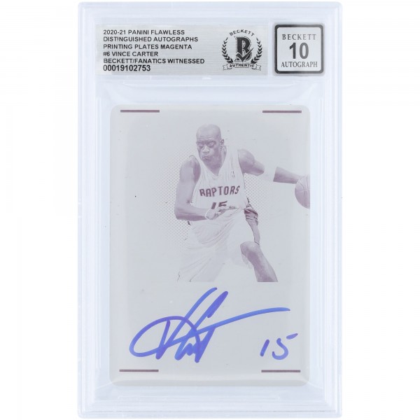 Vince Carter Toronto Raptors Autographed 2020-21 Panini Flawless Distinguished Autographs Printing Plate Magenta #6 #1/1 Beckett Fanatics Witnessed Authenticated 10 Card