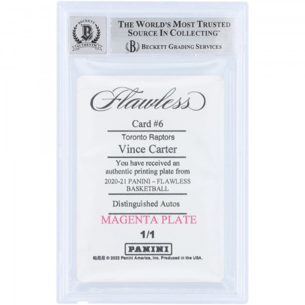 Vince Carter Toronto Raptors Autographed 2020-21 Panini Flawless Distinguished Autographs Printing Plate Magenta #6 #1/1 Beckett Fanatics Witnessed Authenticated 10 Card
