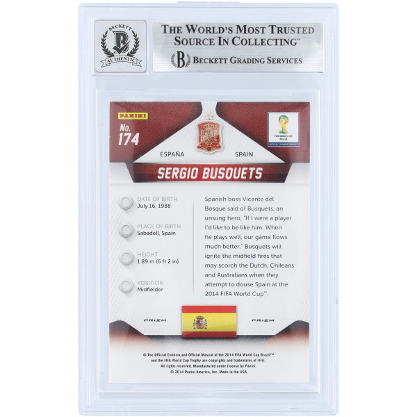 Карточка Sergio Busquets Spain National Team Autographed 2014 Panini Prizm World Cup Red White & Blue Prizm #174 Beckett Fanatics Witnessed Authenticated 9/10