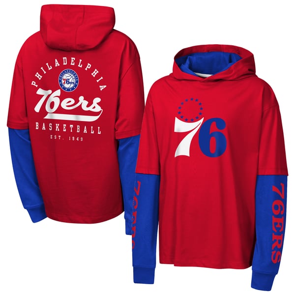 Детская футболка Philadelphia 76ers Outerstuff Red Double Nickel Oversized Faux 2fer Hooded