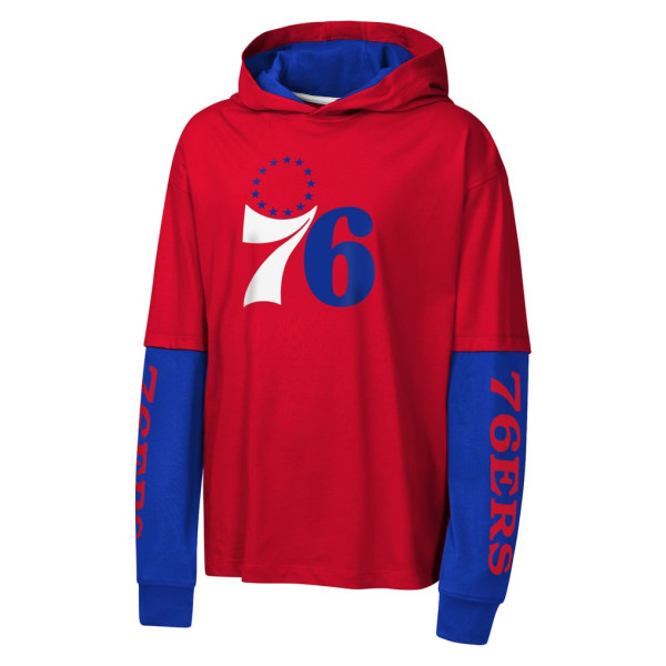 Детская футболка Philadelphia 76ers Outerstuff Red Double Nickel Oversized Faux 2fer Hooded