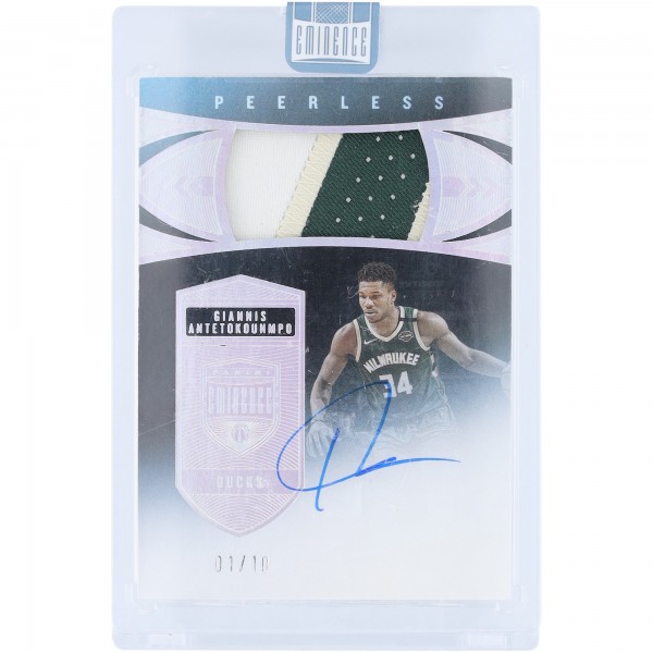 Giannis Antetokounmpo Milwaukee Bucks Autographed 2019-20 Panini Eminence Tri-Color Game-Used Relic #PP-GAN #1/10 Card