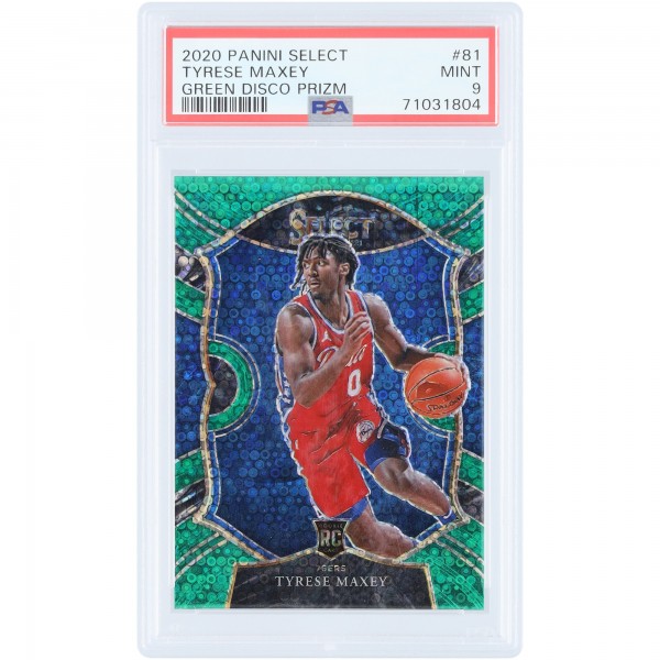 Tyrese Maxey Philadelphia 76ers 2020-21 Panini Select Green Disco Prizm #81 #2/5 PSA Authenticated 9 Rookie Card