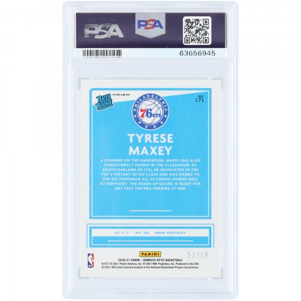 Tyrese Maxey Philadelphia 76ers 2020-21 Panini Donruss Optic Blue Prizm #171 #53/59 PSA Authenticated 9 Rookie Card